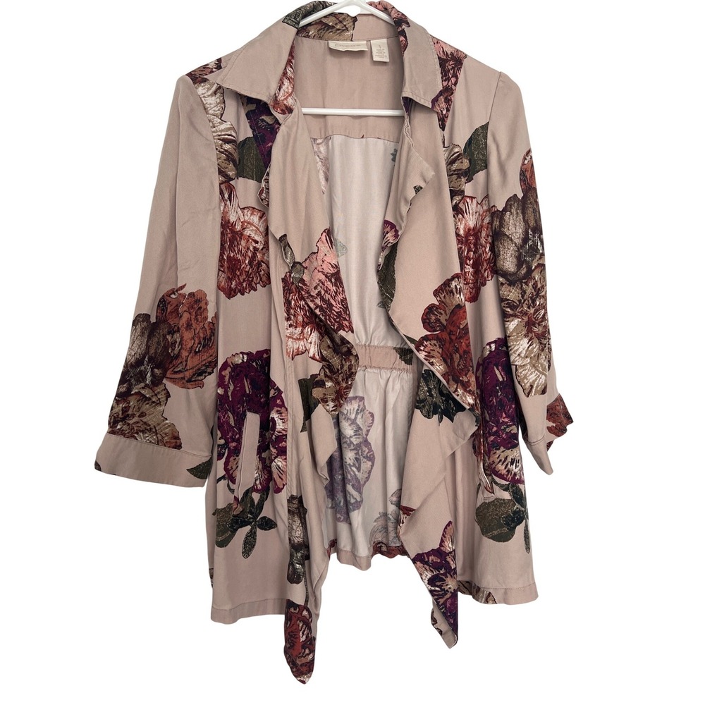 Chicos Women Size 1 Medium Floral Open Front Jacket Tan Burgundy Draped Pockets